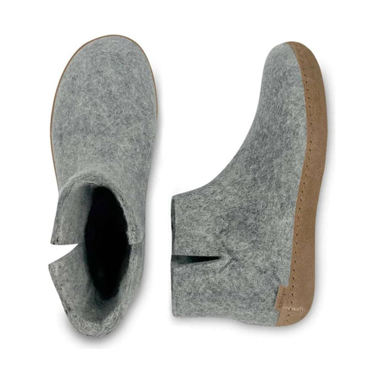 Gray felt slipper boots with leather soles, shown in top and side views