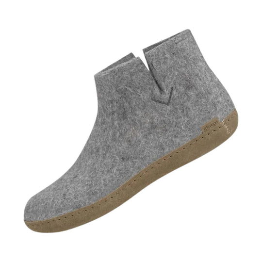 Gray felt ankle boot with a tan leather sole