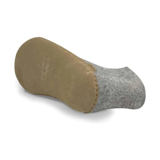 Gray felt slipper with tan leather sole, shown from the bottom side