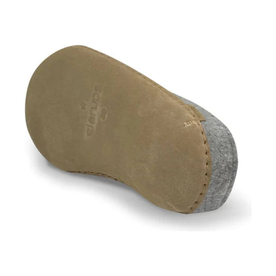 Tan leather-soled felt slipper with grey upper, shown from the bottom