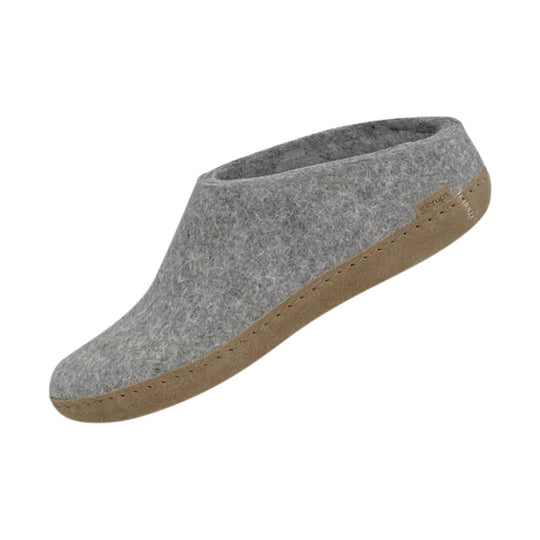 Gray felt slipper with a tan leather sole