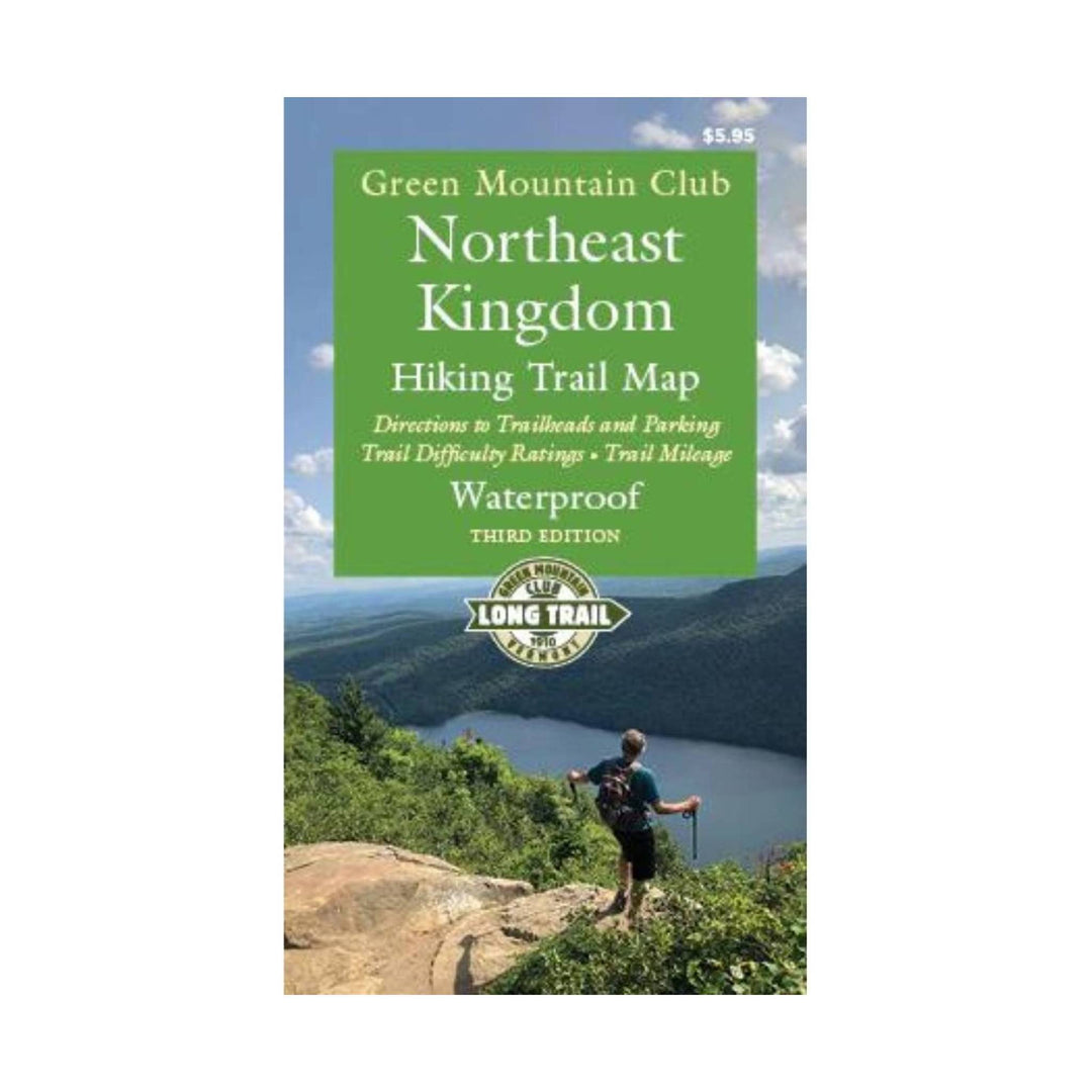Trail map cover with a hiker on a mountain overlook and a green title panel.