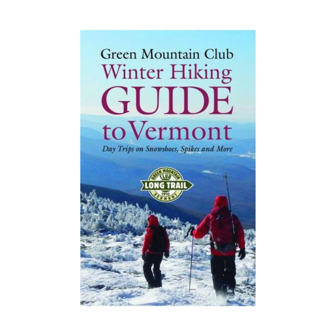 Winter hiking guide book cover with snowy mountain scene and two hikers in red jackets
