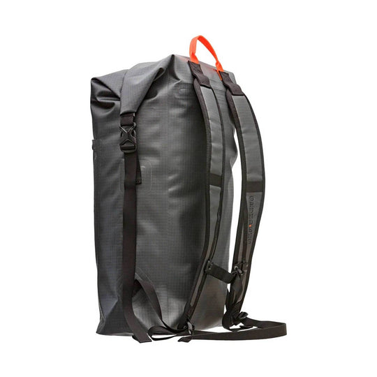 Gray roll-top backpack with orange carry handle and padded shoulder straps