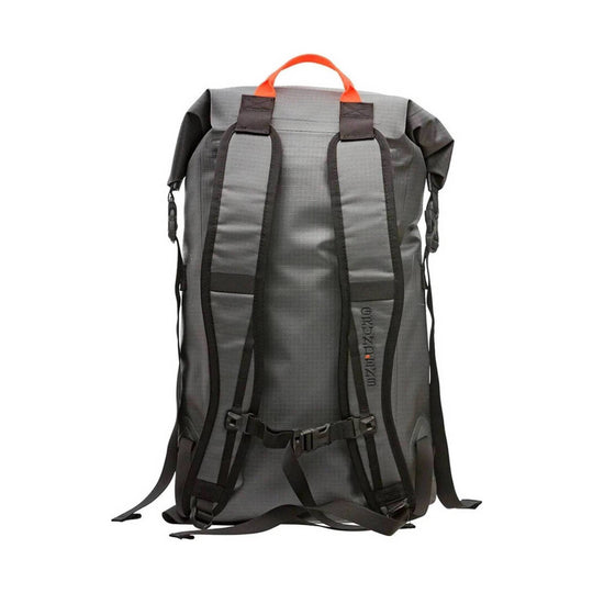 Gray roll-top backpack with black shoulder straps and an orange top handle, shown from the back