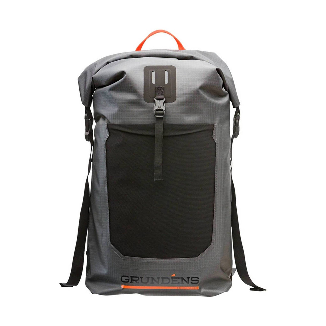 Gray roll-top backpack with black front panel, orange carry handle, and visible front buckle closure