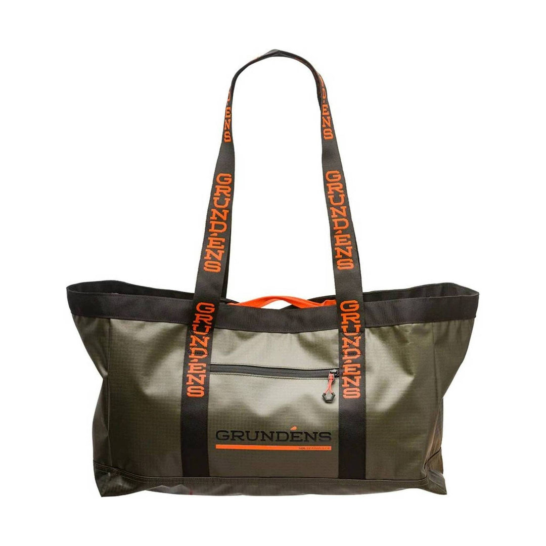 Olive-green tote bag with long black logo straps, front zipper pocket, and orange trim