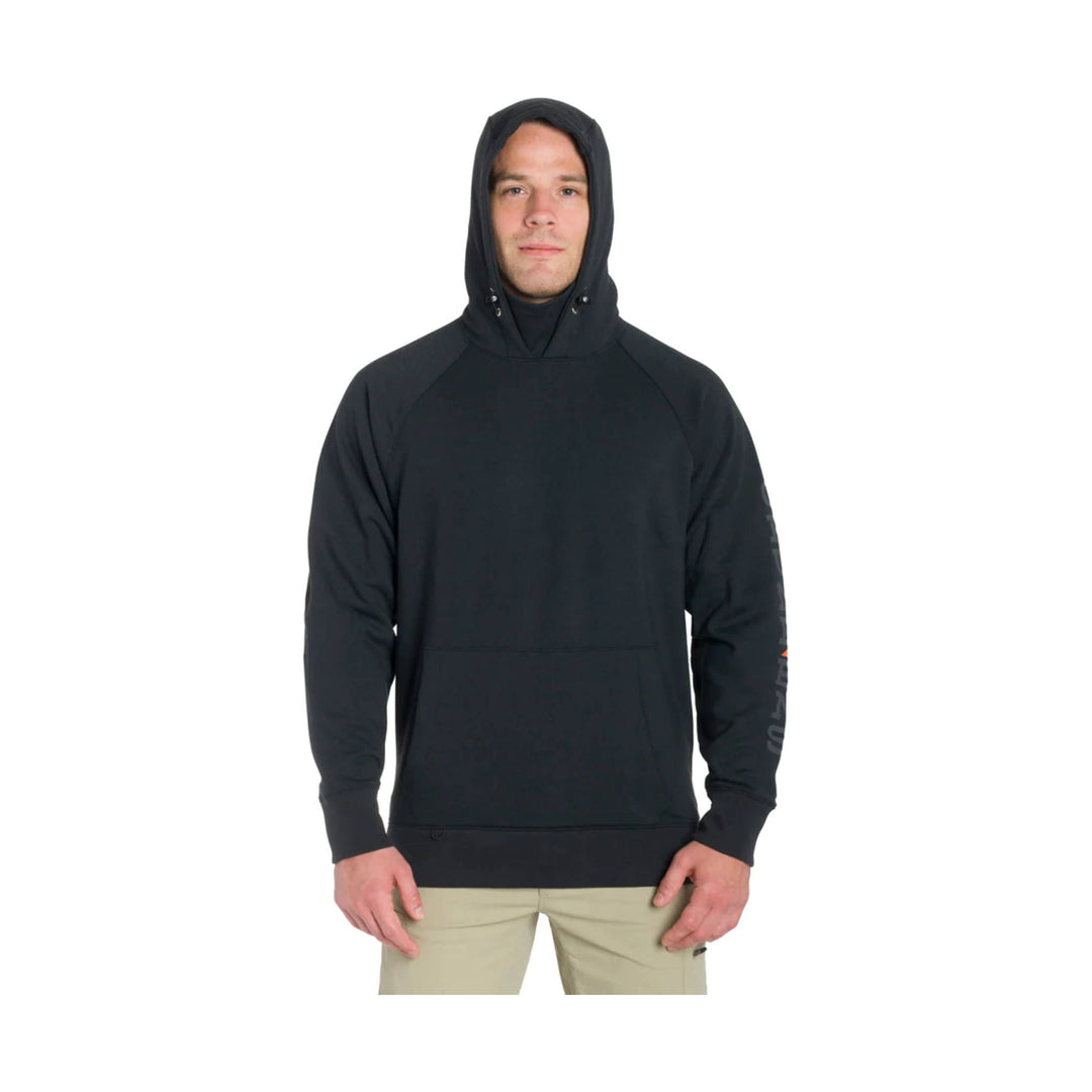 Black hooded pullover with a kangaroo pocket, raglan sleeves, and thumbhole cuffs