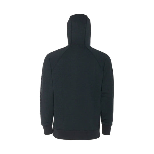 Black hooded sweatshirt shown from the back with long sleeves and ribbed cuffs and hem