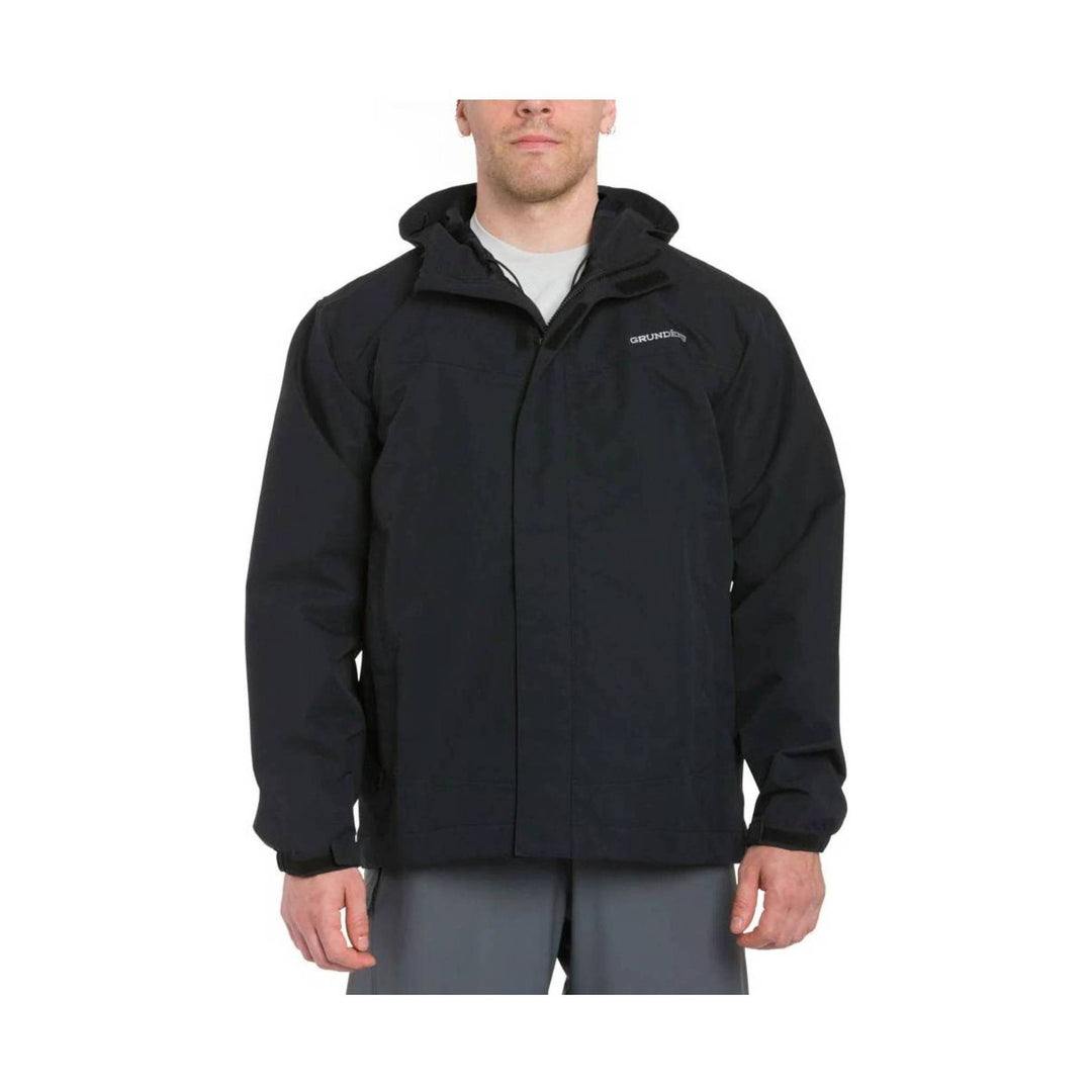 Black hooded waterproof jacket with front zipper and small chest logo