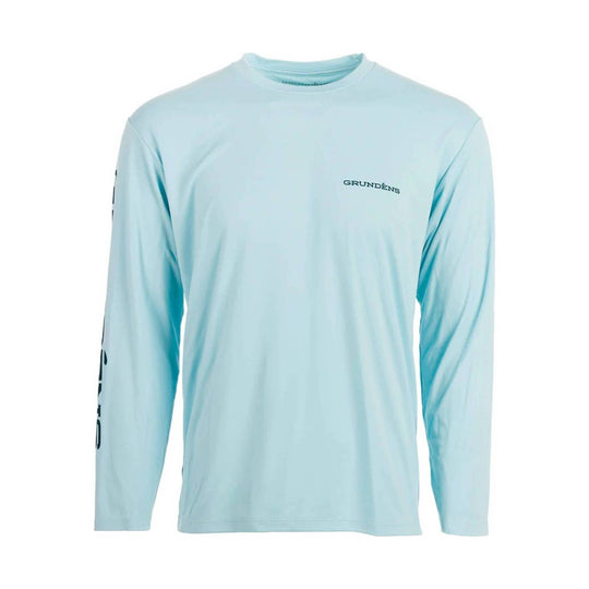 Light blue long-sleeve crewneck performance shirt with small chest logo and sleeve print