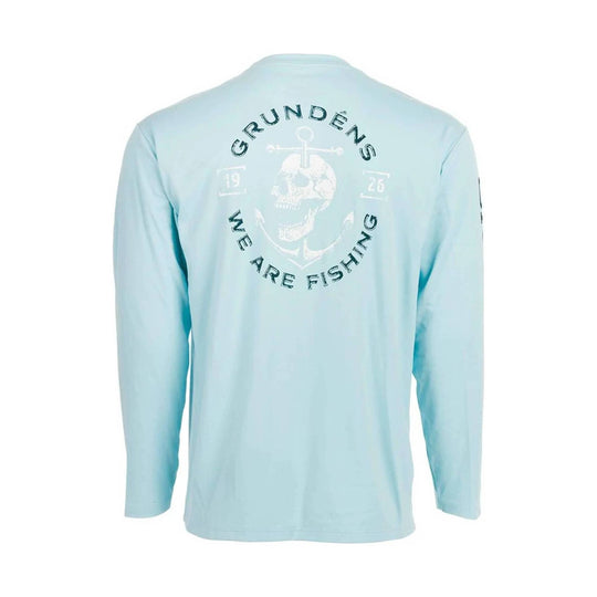 Light blue long-sleeve shirt shown from the back with a skull-and-anchor graphic and curved text reading Grunden's and We Are Fishing