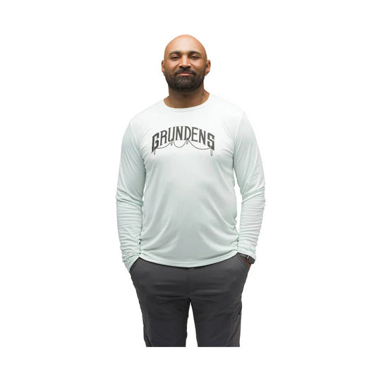 White long-sleeve performance shirt with a large GRUNDENS chest logo