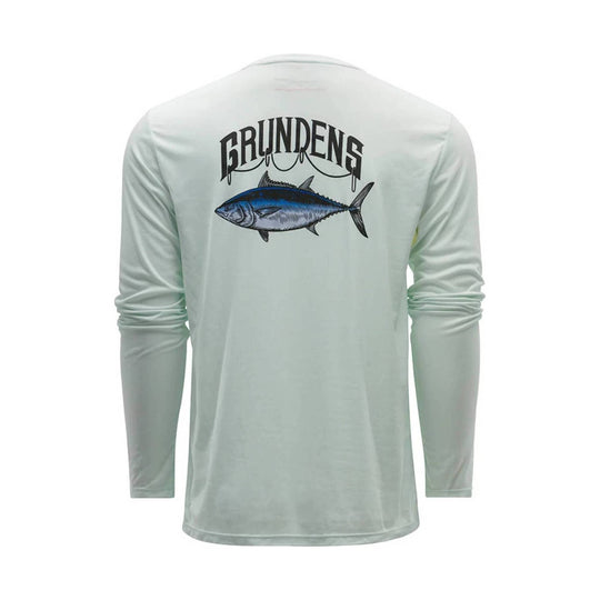 Light gray long-sleeve shirt with a large fish graphic and arched GRUNDENS text on the back