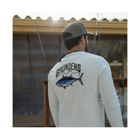 White long-sleeve shirt with large fish graphic and curved black text on the back, shown from behind