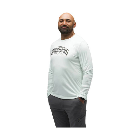 White long-sleeve performance shirt with black Grundens logo on the chest