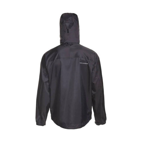 Black hooded rain jacket shown from the back with a small chest logo