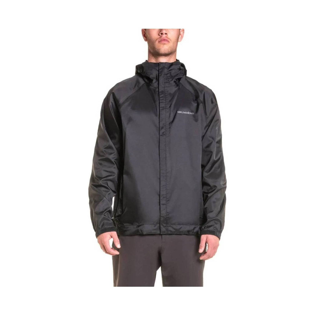 Black hooded zip-up jacket with a small chest logo