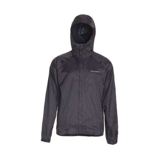 Black hooded rain jacket with full front zipper and small chest logo