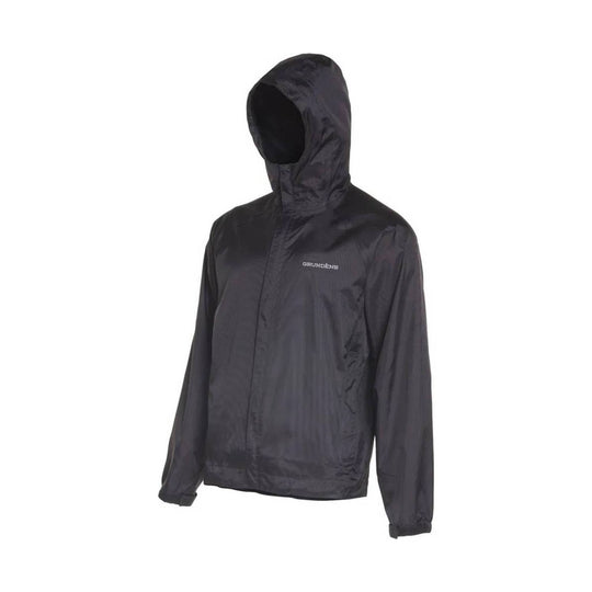 Black hooded rain jacket with a front zipper and small chest logo