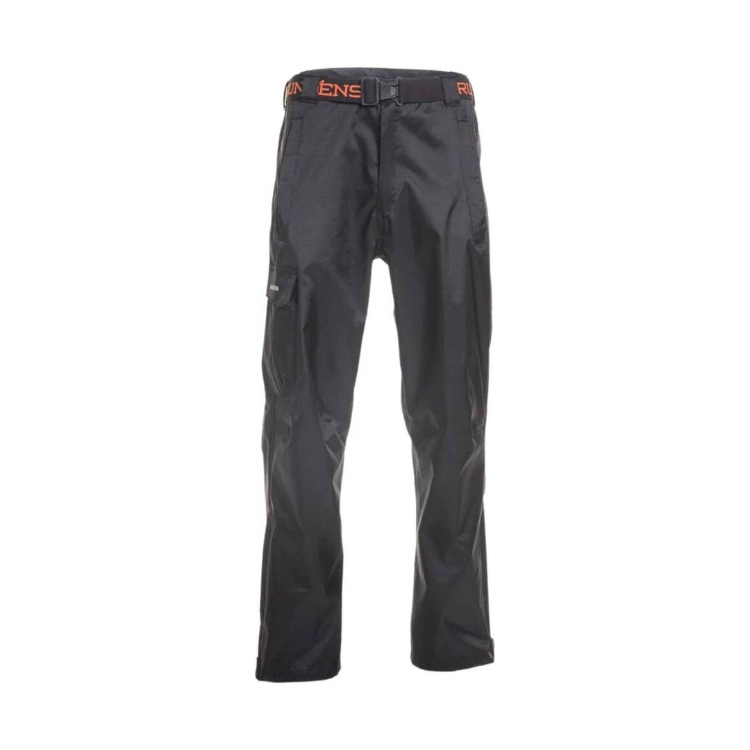 Black cargo pants with an adjustable waistband and side pocket