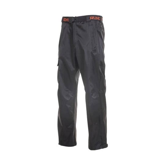 Black outdoor pants with an elastic belt and orange logo text on the waistband