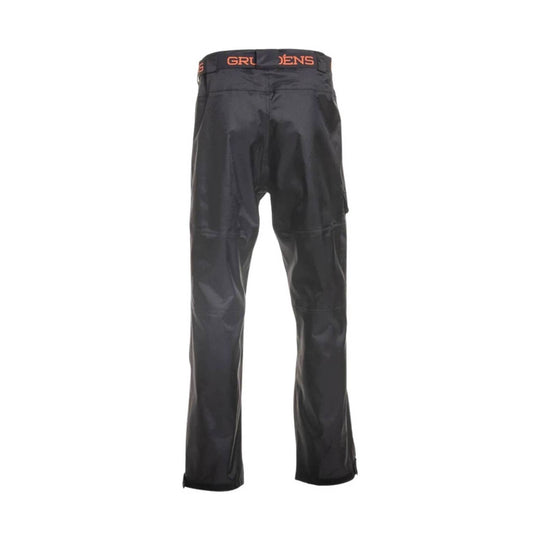 Black technical pants with orange waistband branding, shown front view