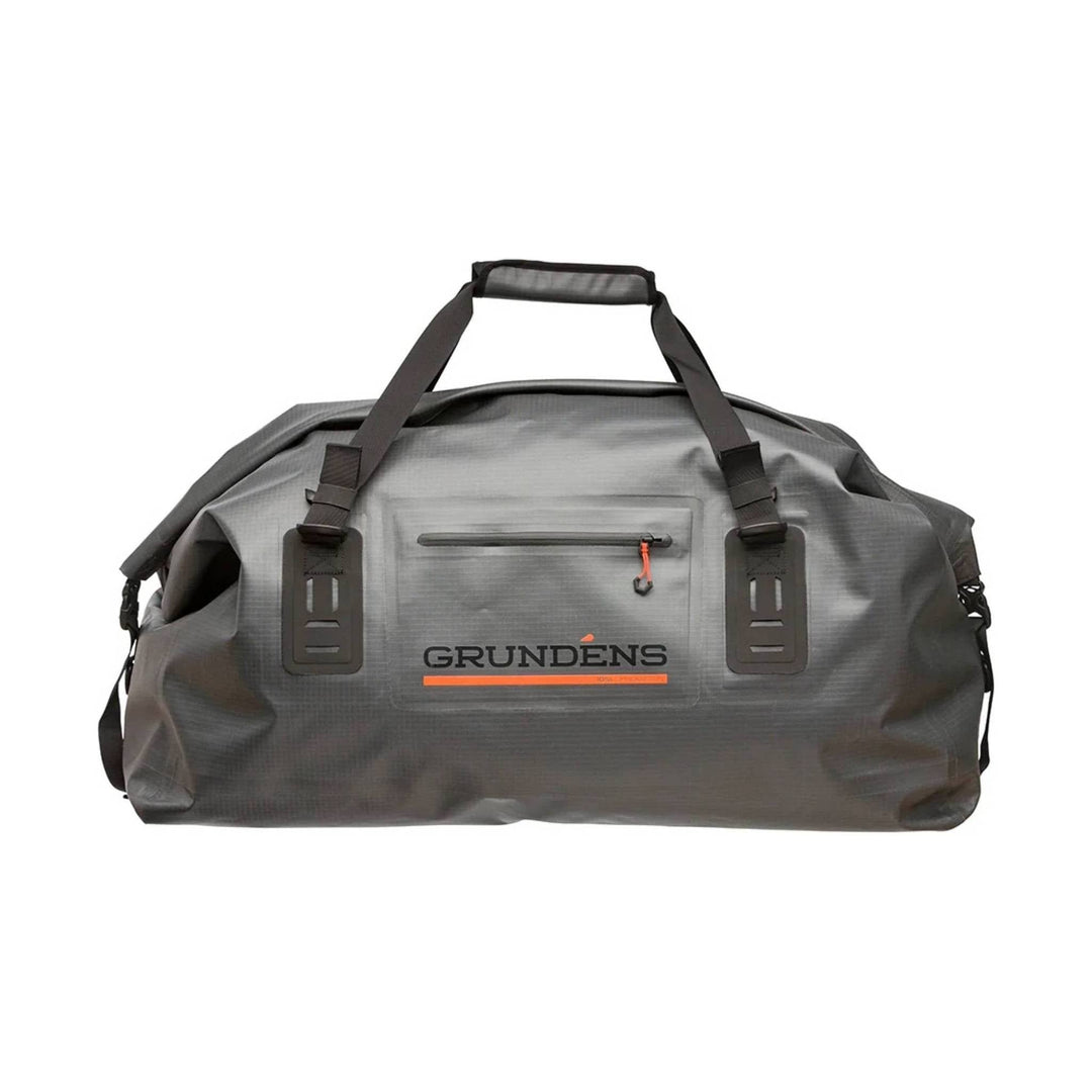 Gray waterproof duffel bag with black straps, front zip pocket, and GRUNDENS logo