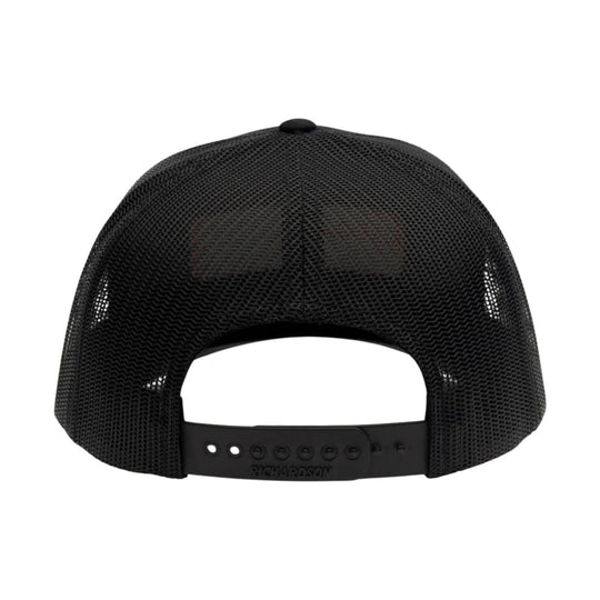 Black mesh trucker cap with adjustable snapback closure