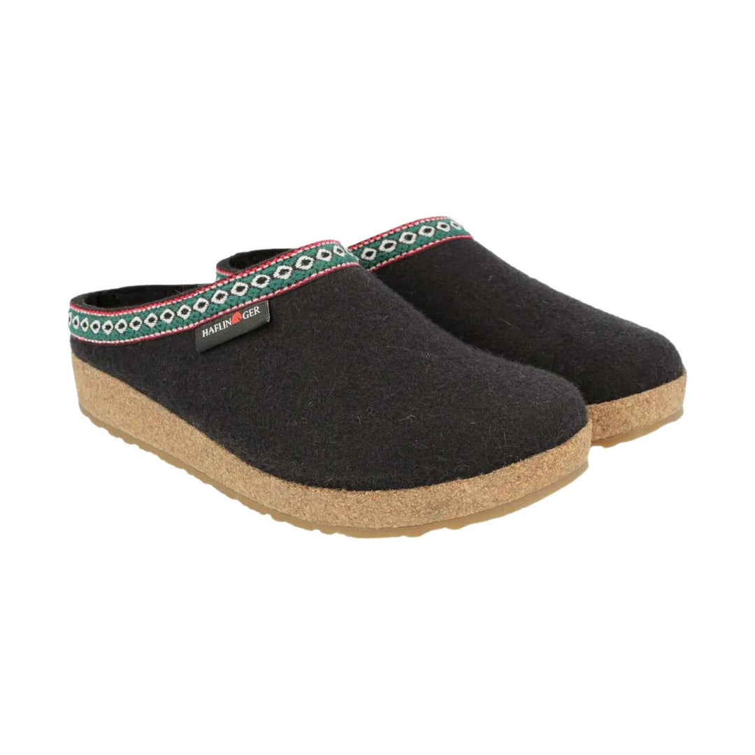 Black wool slip-on clogs with cork soles and patterned trim