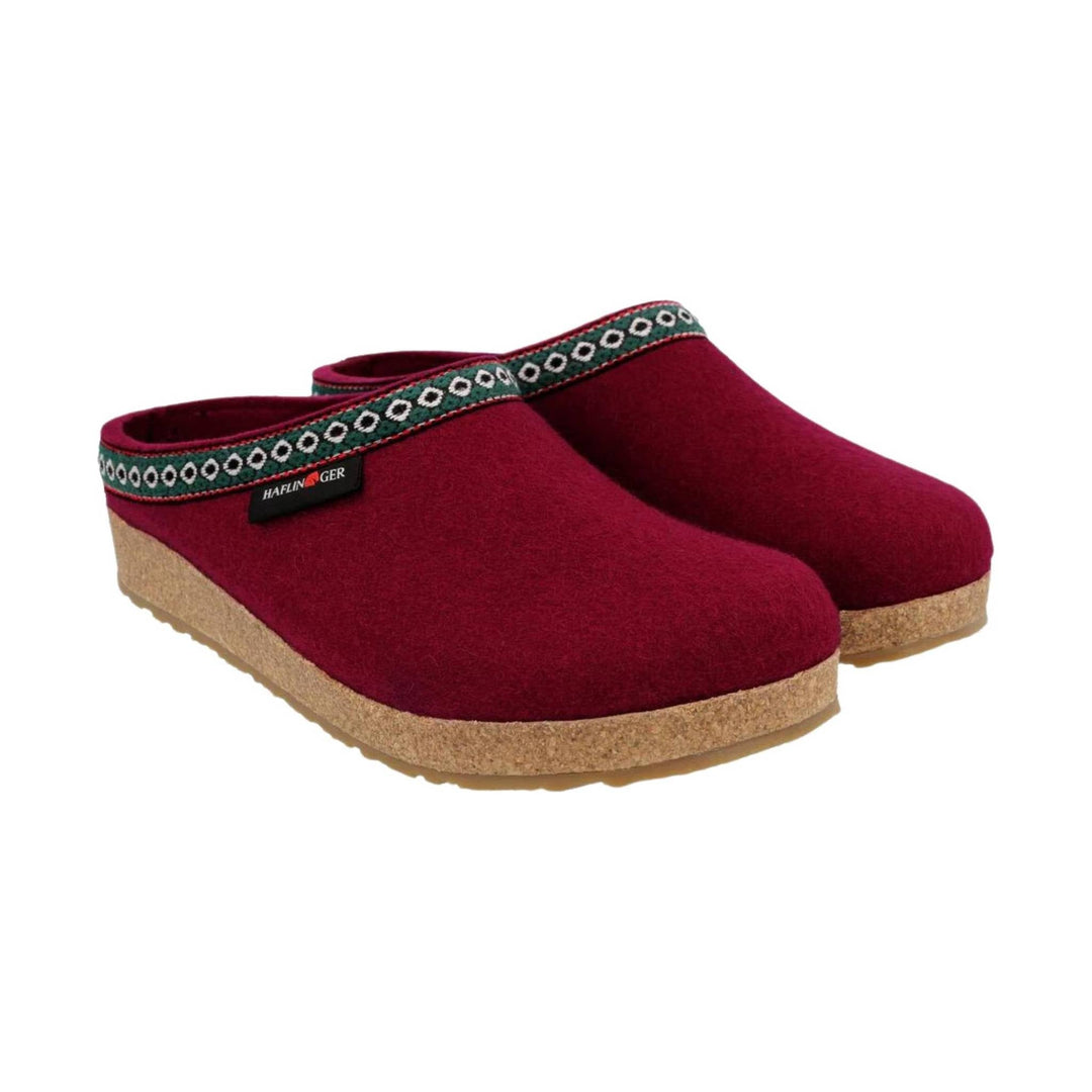 Burgundy felt clog slippers with cork soles and patterned trim