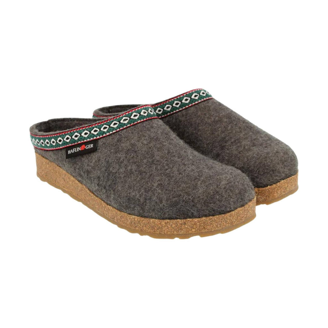 Gray felt clogs with cork soles and a patterned trim strap