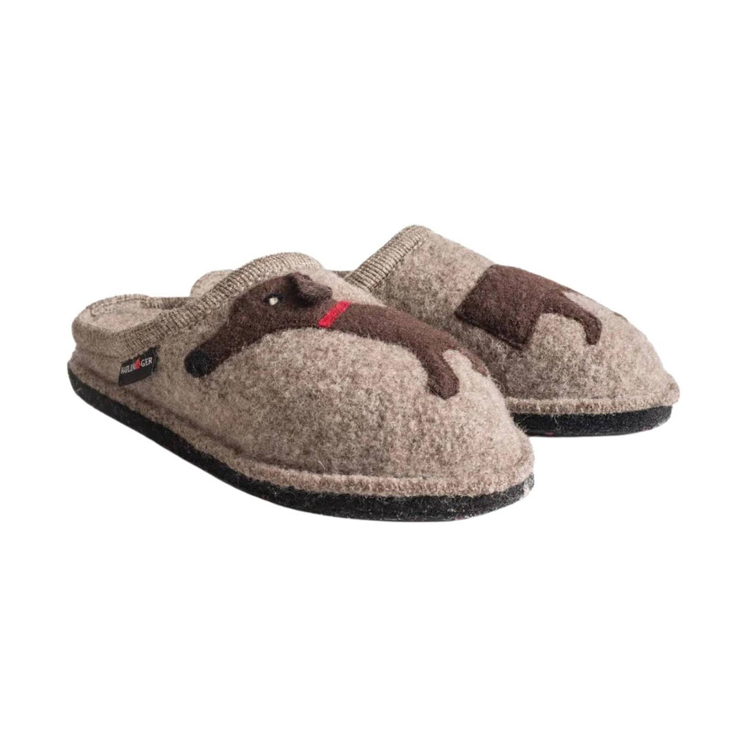 Beige felt slip-on slippers with brown dog design and black soles, shown in pair view