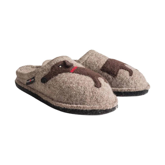 Beige felt slip-on slippers with brown dog design and black soles, shown in pair view