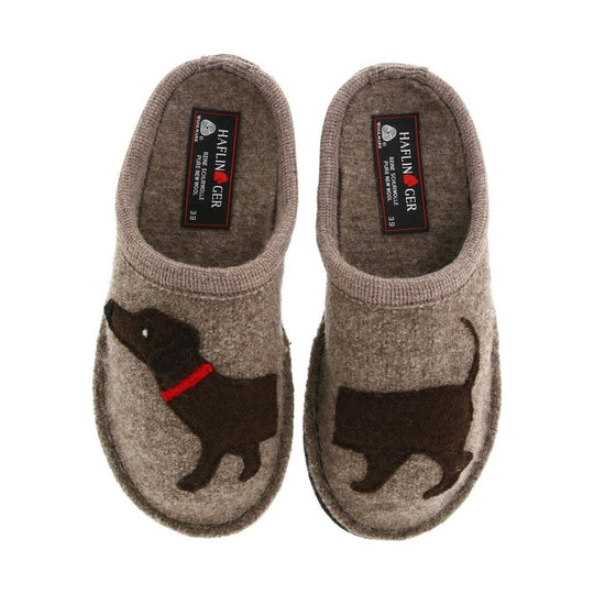 Pair of gray wool slip-on slippers with cat silhouettes and visible brand labels