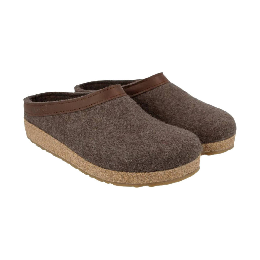 Brown felt slip-on clogs with cork platform soles