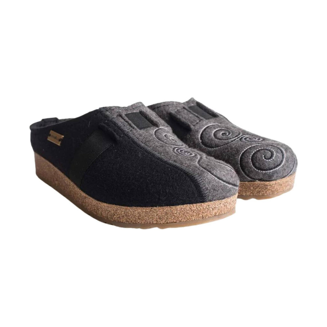 Pair of black and gray felt clogs with cork soles and swirl embroidery