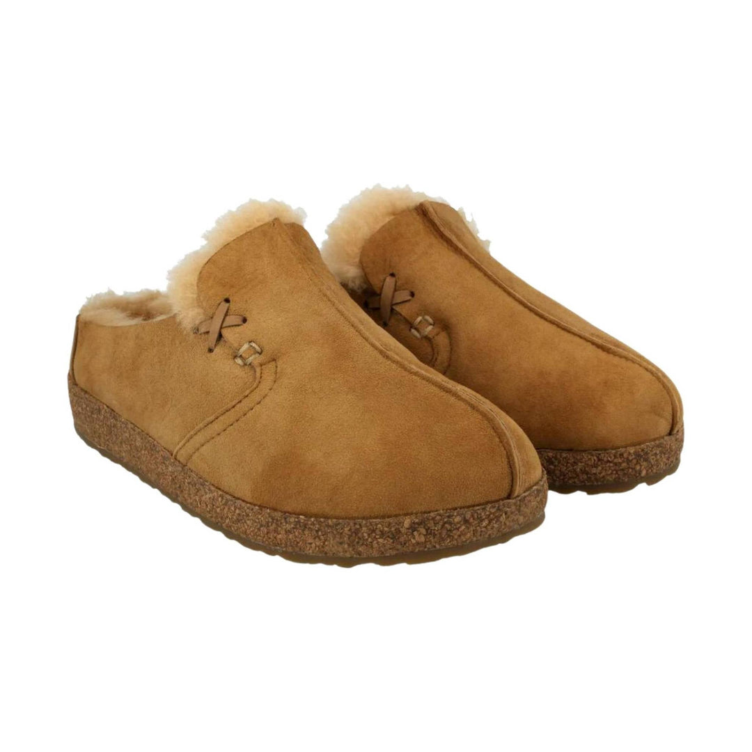 Tan suede slip-on clogs with shearling trim and cork soles
