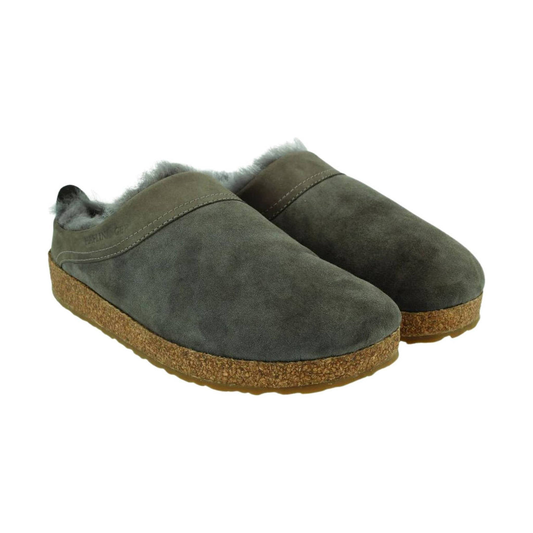 Gray felt slip-on clogs with shearling lining and cork soles