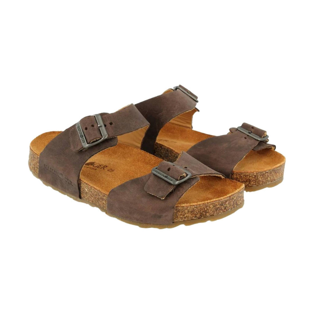 Brown leather double-strap sandal with buckles and cork footbed