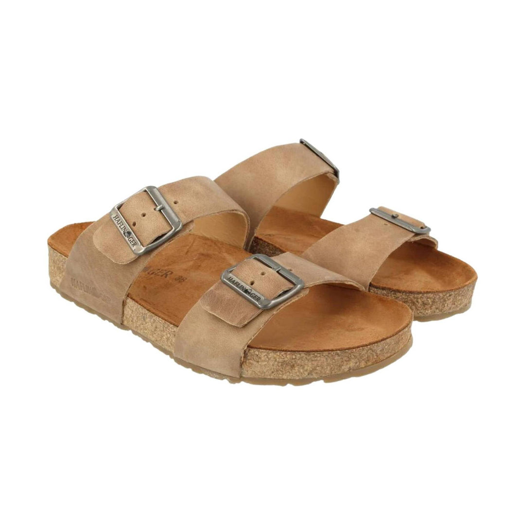 Tan double-strap cork footbed sandals with adjustable buckles