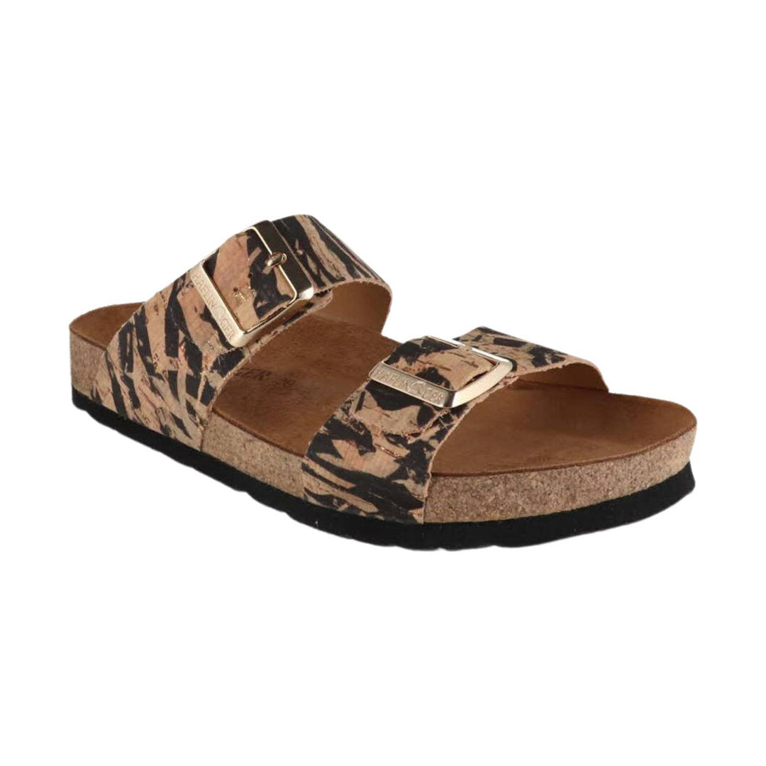 Brown and black patterned double-strap cork footbed sandal with metal buckles