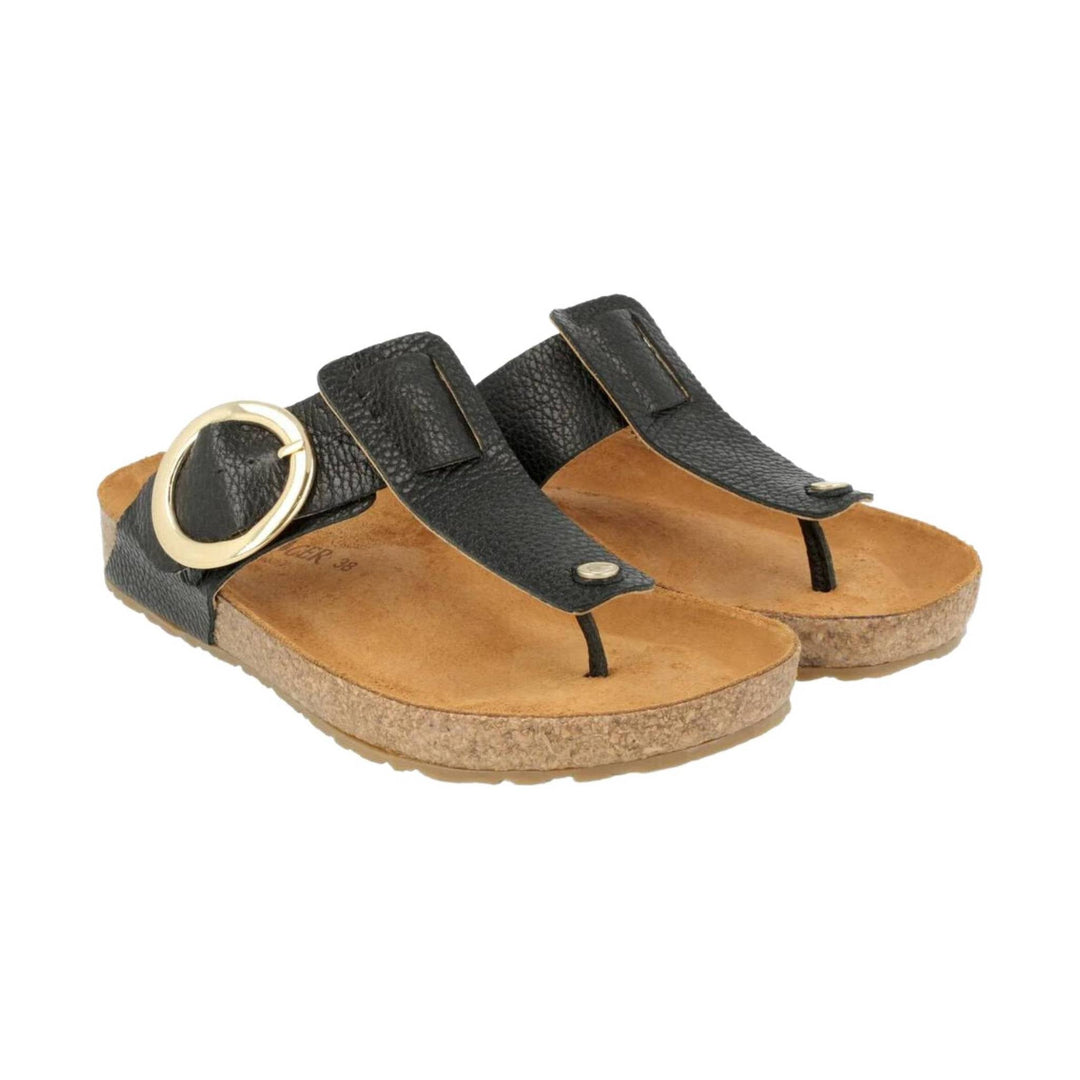 Black leather toe-post sandal with cork footbed and large gold buckle