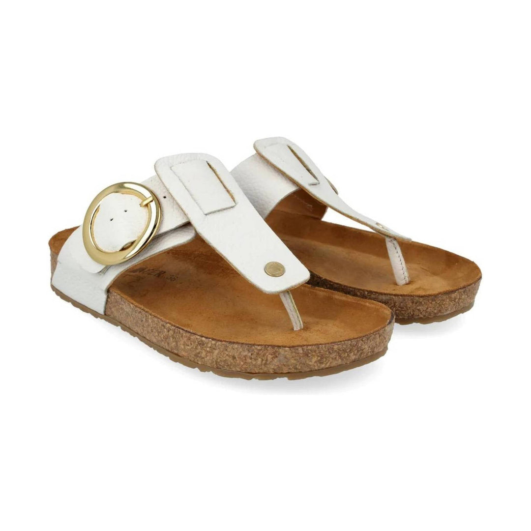 White leather toe-post sandal with cork footbed and large gold buckle