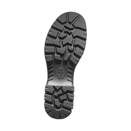 Black rugged boot outsole with deep lug tread and oval branding mark at the heel