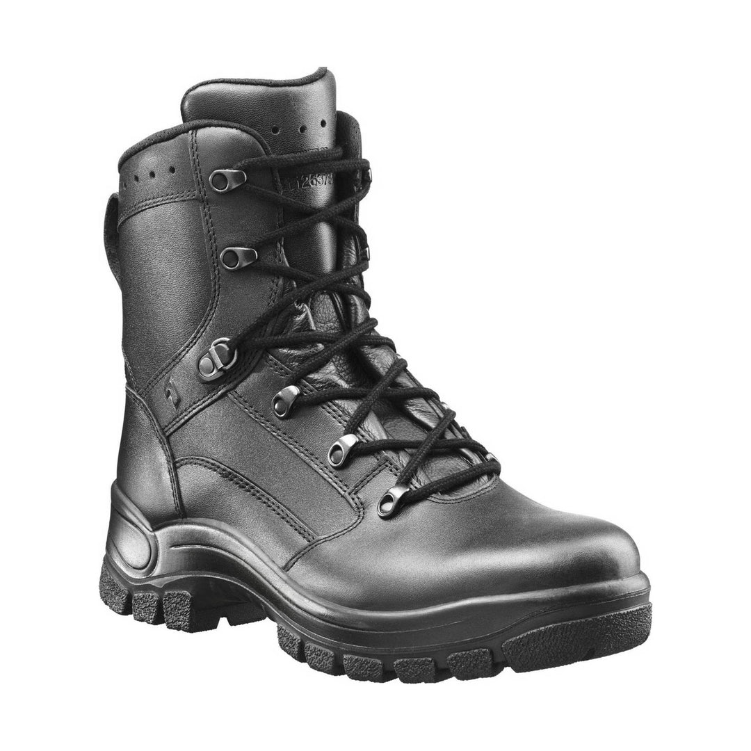 Black lace-up tactical-style boot with metal eyelets and lugged sole, shown in side view