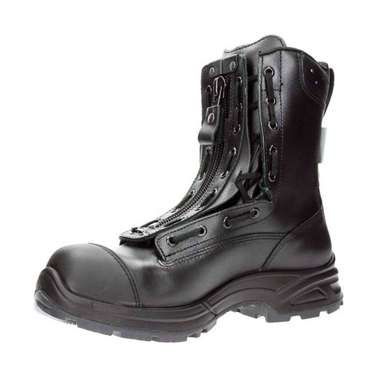 Black lace-up work boot with zipper front, reinforced toe, and rugged tread sole
