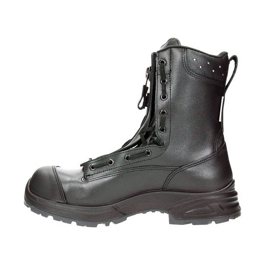 Black lace-up work boot with a reinforced toe and thick treaded sole