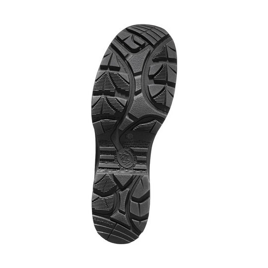 Black boot outsole with deep lug tread and geometric traction patterns