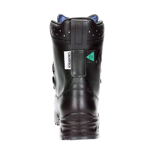 Black leather work boot shown from the back, with visible CROSSTECH label and blue collar lining.